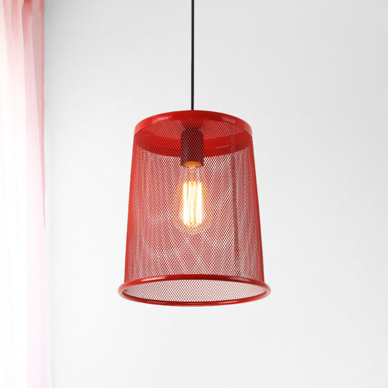 Vintage Silver/Red Cylinder Pendant Light with Mesh Cage Shade - Stylish Dining Room Hanging Lamp (1 Bulb)