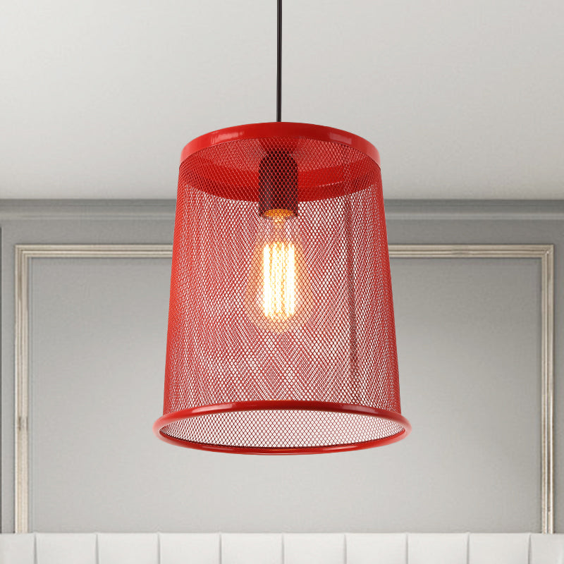 Vintage Silver/Red Cylinder Pendant Light with Mesh Cage Shade - Stylish Dining Room Hanging Lamp (1 Bulb)