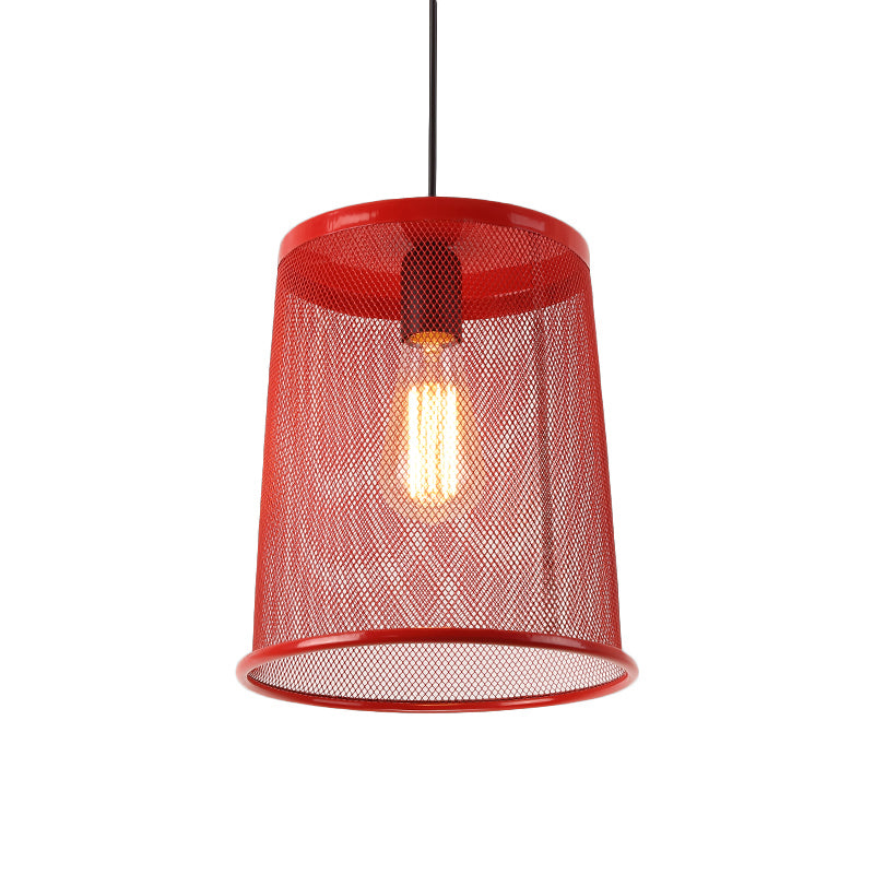 Vintage Silver/Red Cylinder Pendant Light with Mesh Cage Shade - Stylish Dining Room Hanging Lamp (1 Bulb)