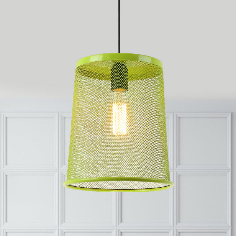 Vintage Silver/Red Cylinder Pendant Light with Mesh Cage Shade - Stylish Dining Room Hanging Lamp (1 Bulb)