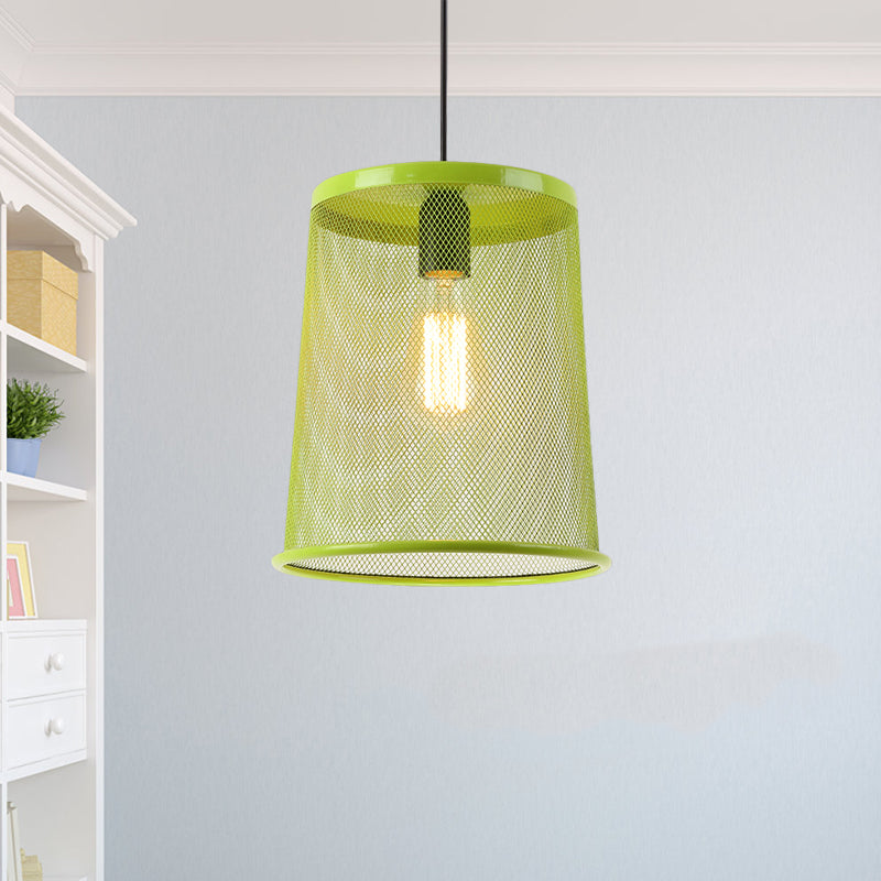 Stylish Vintage Silver/Red Cylinder Pendant Light: Hanging Lamp With Mesh Cage Shade - Ideal For