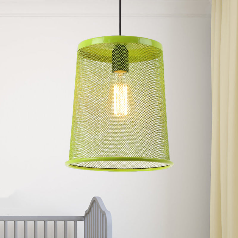 Vintage Silver/Red Cylinder Pendant Light with Mesh Cage Shade - Stylish Dining Room Hanging Lamp (1 Bulb)