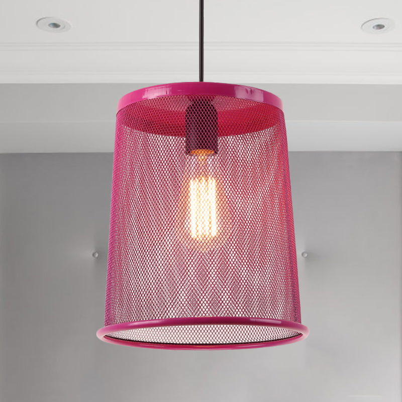 Vintage Silver/Red Cylinder Pendant Light with Mesh Cage Shade - Stylish Dining Room Hanging Lamp (1 Bulb)