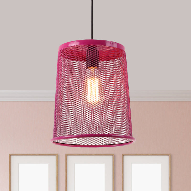 Vintage Silver/Red Cylinder Pendant Light with Mesh Cage Shade - Stylish Dining Room Hanging Lamp (1 Bulb)