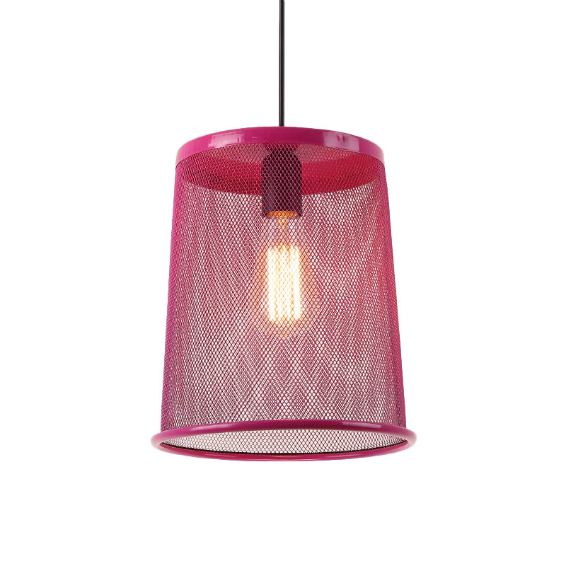 Stylish Vintage Silver/Red Cylinder Pendant Light: Hanging Lamp With Mesh Cage Shade - Ideal For