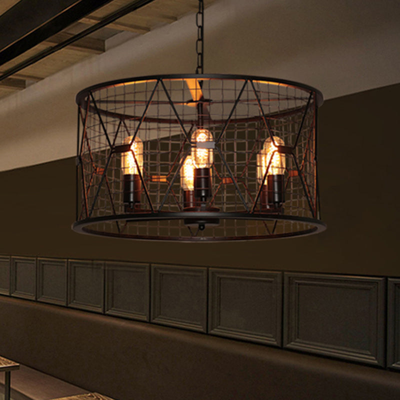 Vintage Industrial Metal 6-Light Pendant Chandelier with Trellis Drum Design