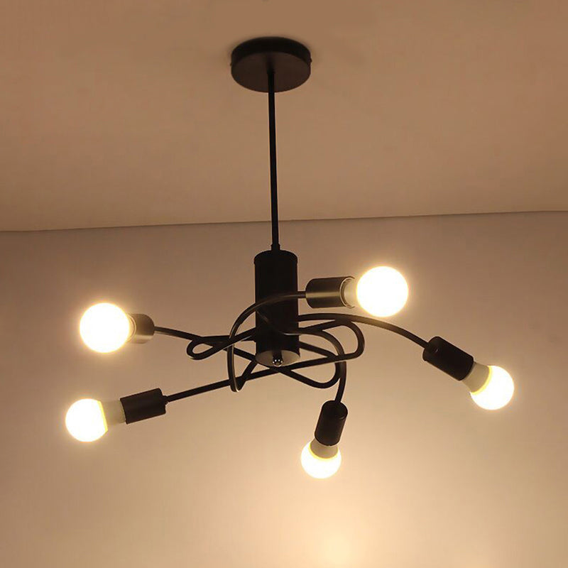 Industrial Vintage Black Metal Chandelier With 3/5 Lights Twirled Design And Exposed Bulbs - Perfect