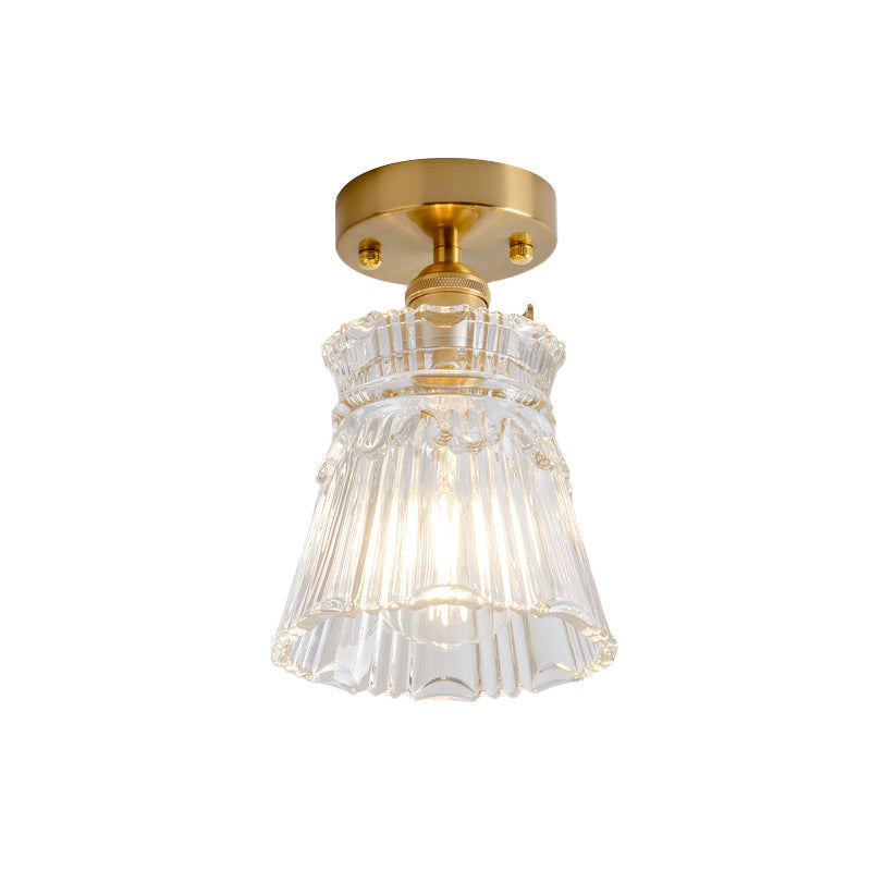 Clear Glass Single Light Gold Semi Flush Industrial Ceiling Lighting - Cone/Cylinder/Bell Corridor