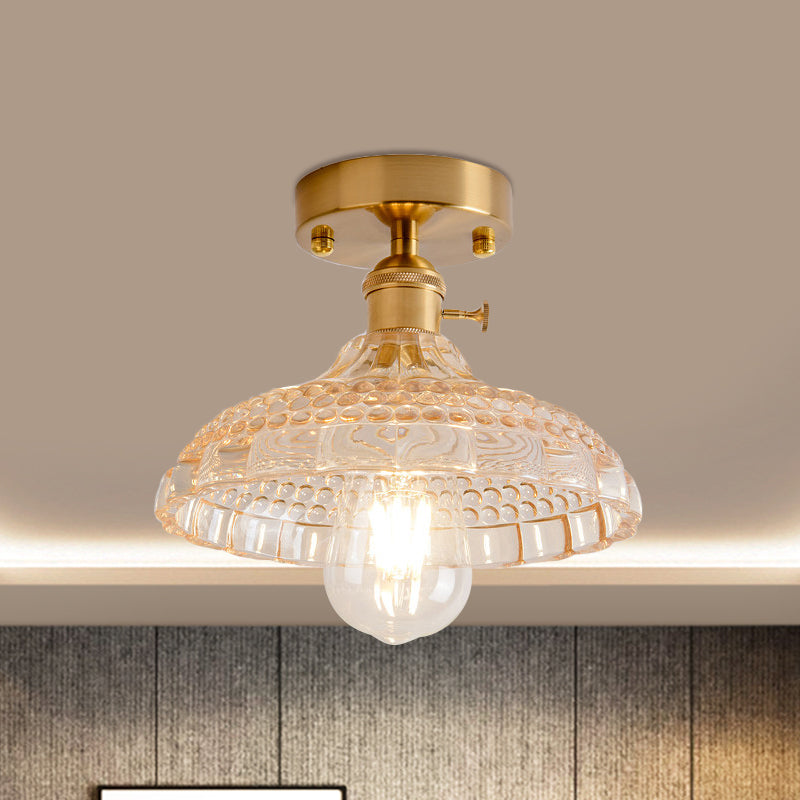 Plafonnier semi-encastré industriel en laiton avec abat-jour en forme de dôme/grange/fleur - Verre texturé ambré/transparent - Idéal pour le salon