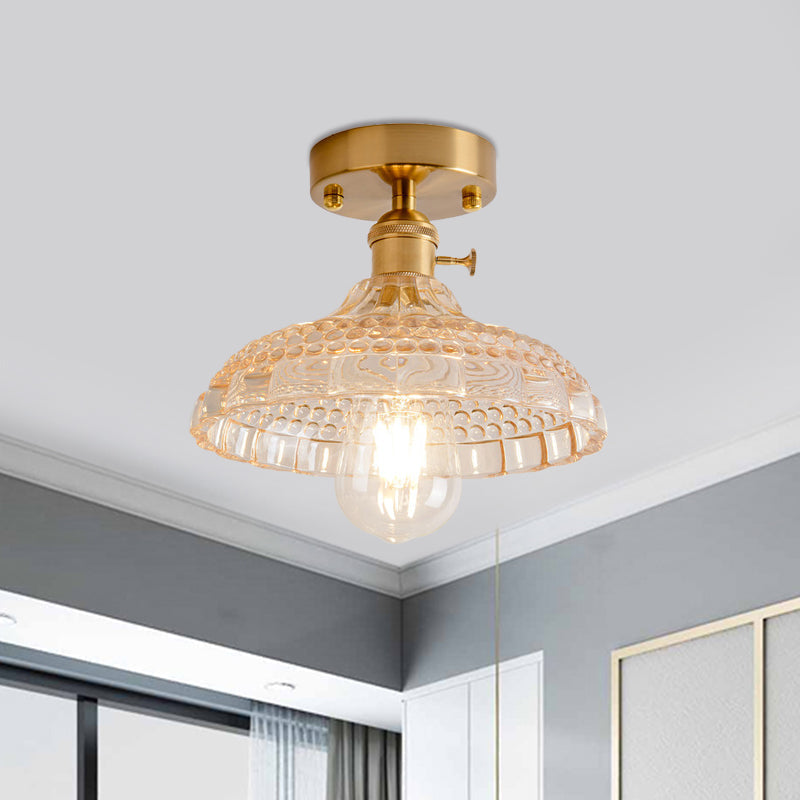 Plafonnier semi-encastré industriel en laiton avec abat-jour en forme de dôme/grange/fleur - Verre texturé ambré/transparent - Idéal pour le salon