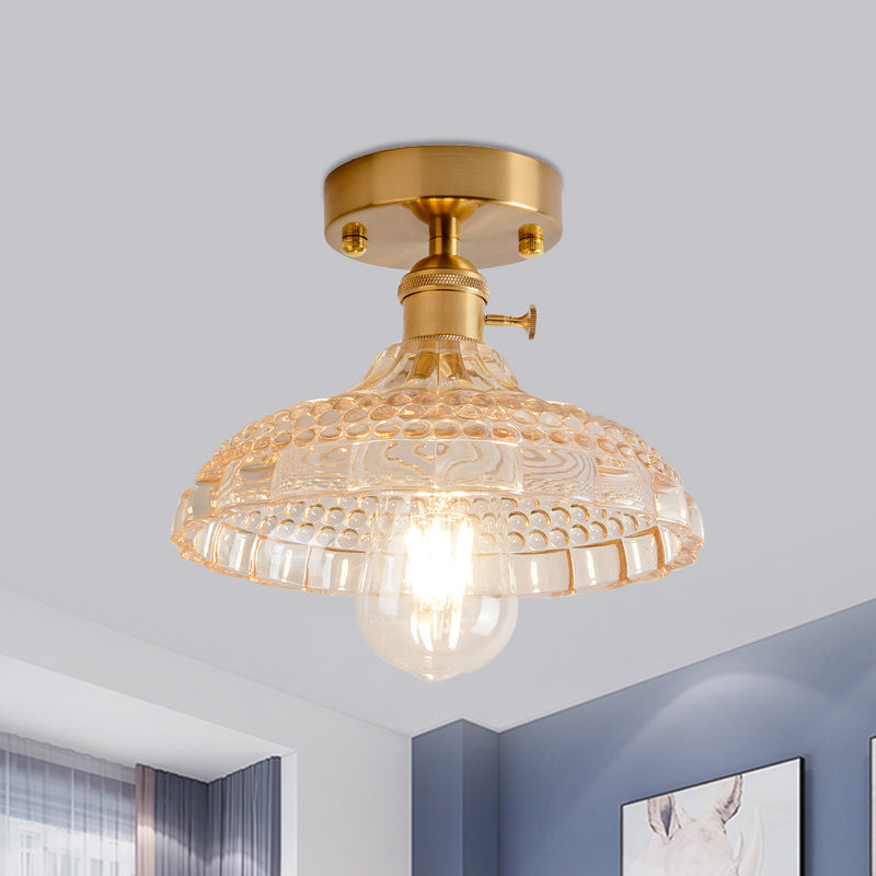 Plafonnier semi-encastré industriel en laiton avec abat-jour en forme de dôme/grange/fleur - Verre texturé ambré/transparent - Idéal pour le salon
