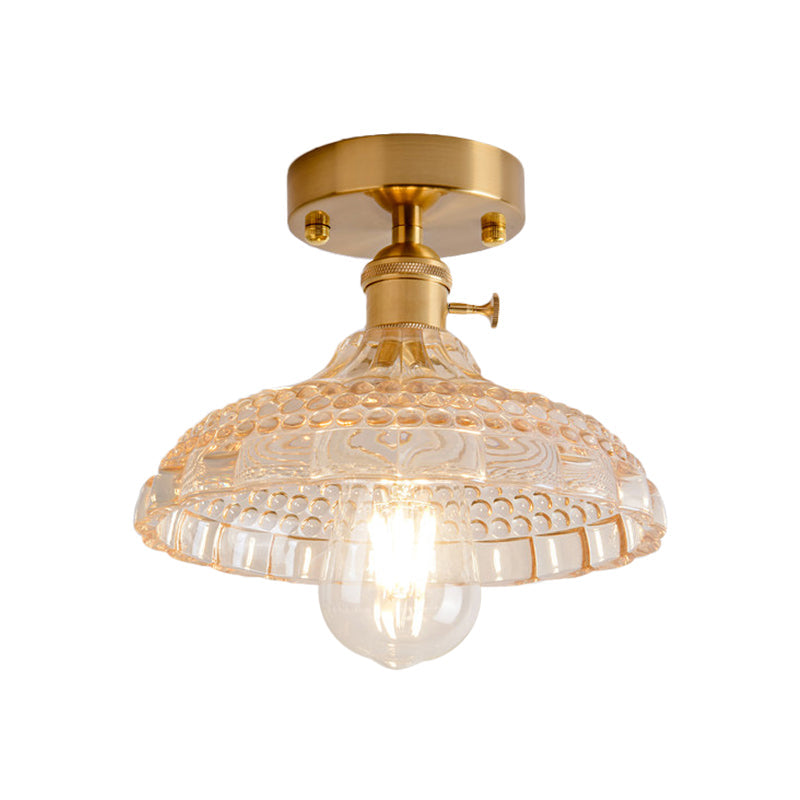 Plafonnier semi-encastré industriel en laiton avec abat-jour en forme de dôme/grange/fleur - Verre texturé ambré/transparent - Idéal pour le salon