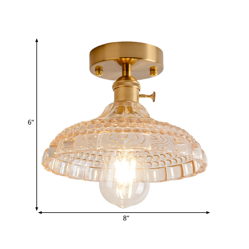 Plafonnier semi-encastré industriel en laiton avec abat-jour en forme de dôme/grange/fleur - Verre texturé ambré/transparent - Idéal pour le salon