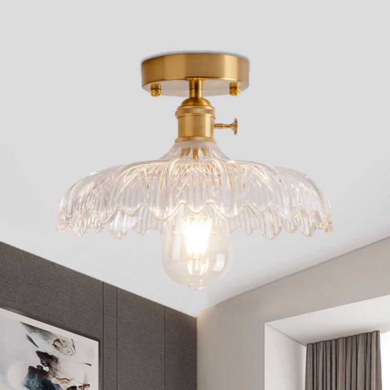 Plafonnier semi-encastré industriel en laiton avec abat-jour en forme de dôme/grange/fleur - Verre texturé ambré/transparent - Idéal pour le salon