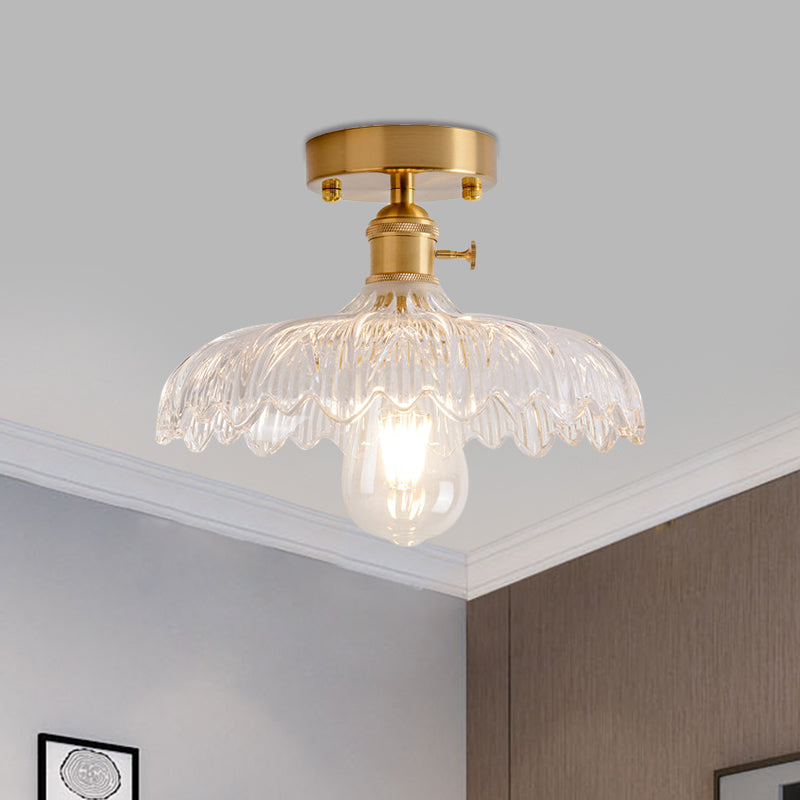 Plafonnier semi-encastré industriel en laiton avec abat-jour en forme de dôme/grange/fleur - Verre texturé ambré/transparent - Idéal pour le salon
