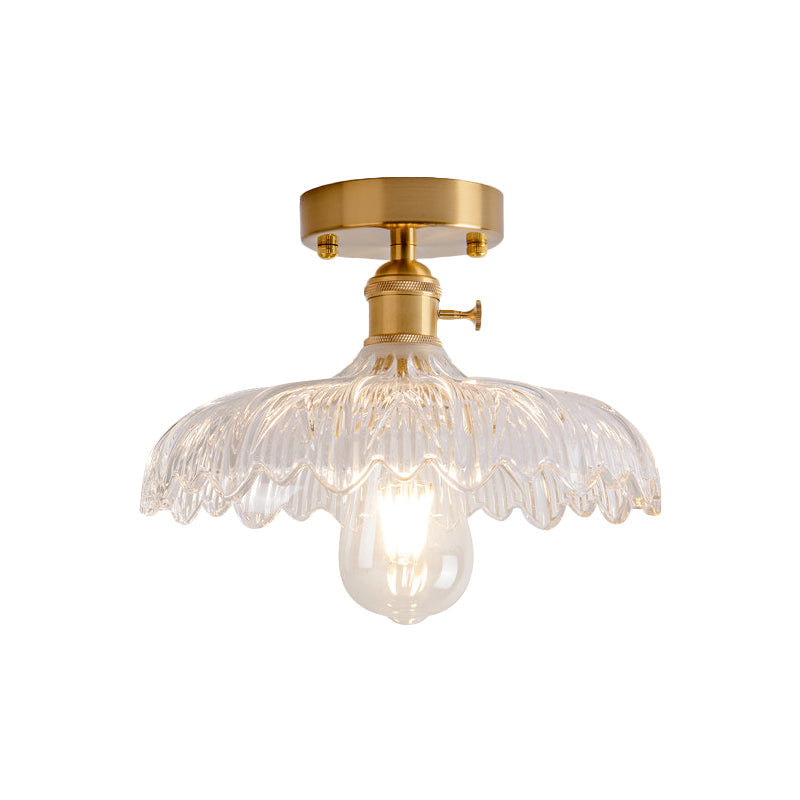 Plafonnier semi-encastré industriel en laiton avec abat-jour en forme de dôme/grange/fleur - Verre texturé ambré/transparent - Idéal pour le salon