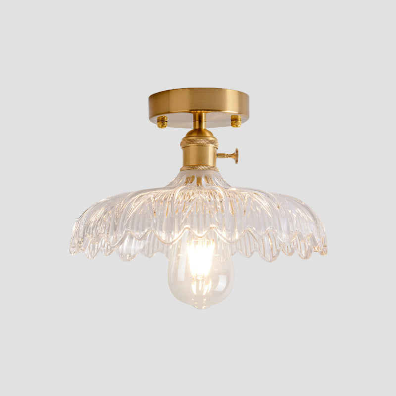 Plafonnier semi-encastré industriel en laiton avec abat-jour en forme de dôme/grange/fleur - Verre texturé ambré/transparent - Idéal pour le salon