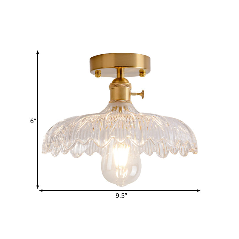 Plafonnier semi-encastré industriel en laiton avec abat-jour en forme de dôme/grange/fleur - Verre texturé ambré/transparent - Idéal pour le salon