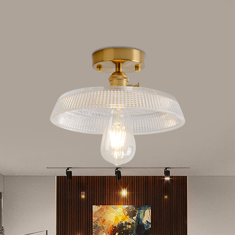 Plafonnier semi-encastré industriel en laiton avec abat-jour en forme de dôme/grange/fleur - Verre texturé ambré/transparent - Idéal pour le salon