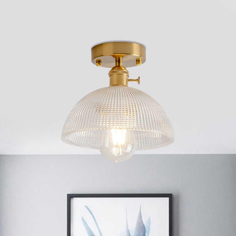 Plafonnier semi-encastré industriel en laiton avec abat-jour en forme de dôme/grange/fleur - Verre texturé ambré/transparent - Idéal pour le salon
