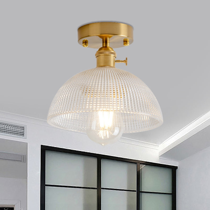 Plafonnier semi-encastré industriel en laiton avec abat-jour en forme de dôme/grange/fleur - Verre texturé ambré/transparent - Idéal pour le salon