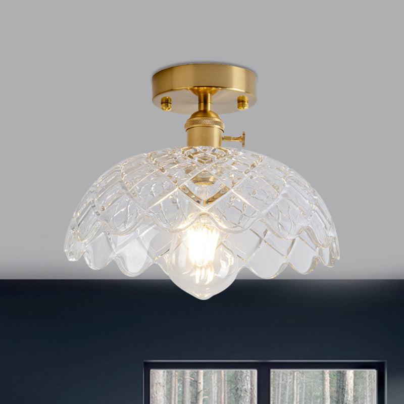 Plafonnier semi-encastré industriel en laiton avec abat-jour en forme de dôme/grange/fleur - Verre texturé ambré/transparent - Idéal pour le salon