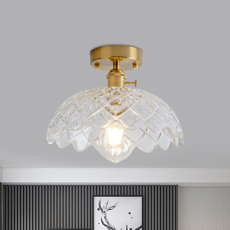 Plafonnier semi-encastré industriel en laiton avec abat-jour en forme de dôme/grange/fleur - Verre texturé ambré/transparent - Idéal pour le salon