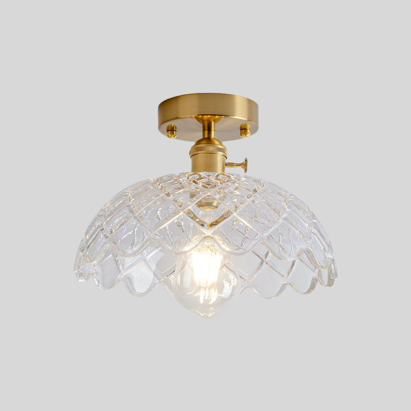 Plafonnier semi-encastré industriel en laiton avec abat-jour en forme de dôme/grange/fleur - Verre texturé ambré/transparent - Idéal pour le salon