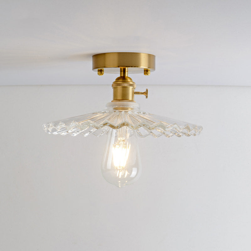 Plafonnier semi-encastré industriel en laiton avec abat-jour en forme de dôme/grange/fleur - Verre texturé ambré/transparent - Idéal pour le salon