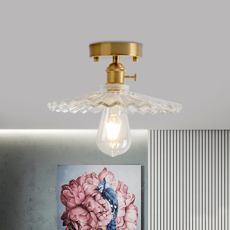 Plafonnier semi-encastré industriel en laiton avec abat-jour en forme de dôme/grange/fleur - Verre texturé ambré/transparent - Idéal pour le salon