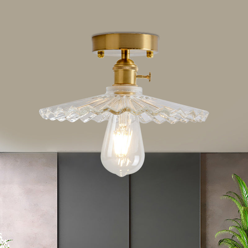 Plafonnier semi-encastré industriel en laiton avec abat-jour en forme de dôme/grange/fleur - Verre texturé ambré/transparent - Idéal pour le salon