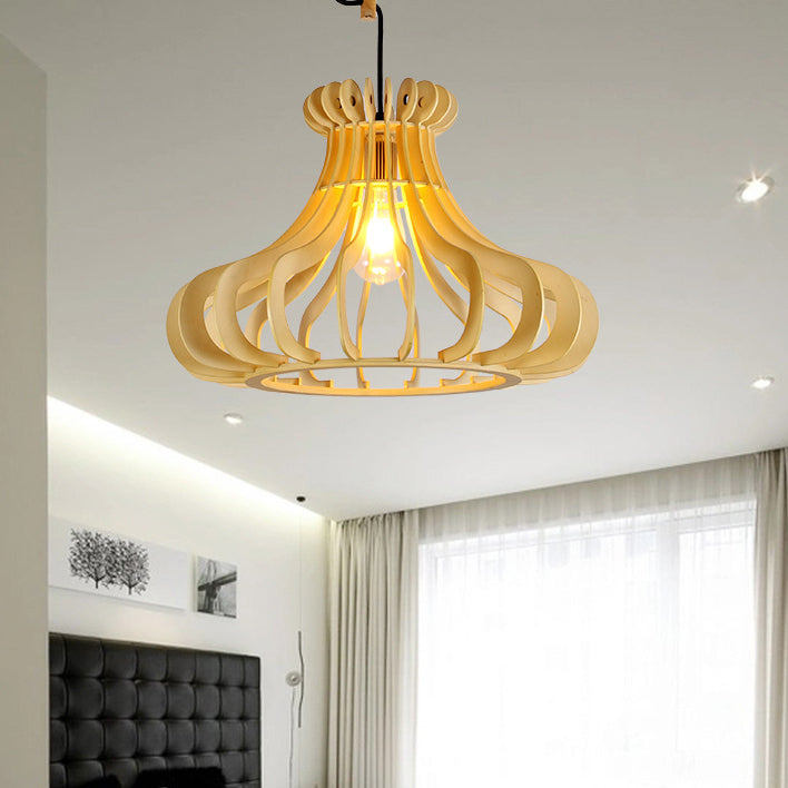 Modern Onion-Shaped Pendant Wood 1-Light Hanging Lamp - Beige
