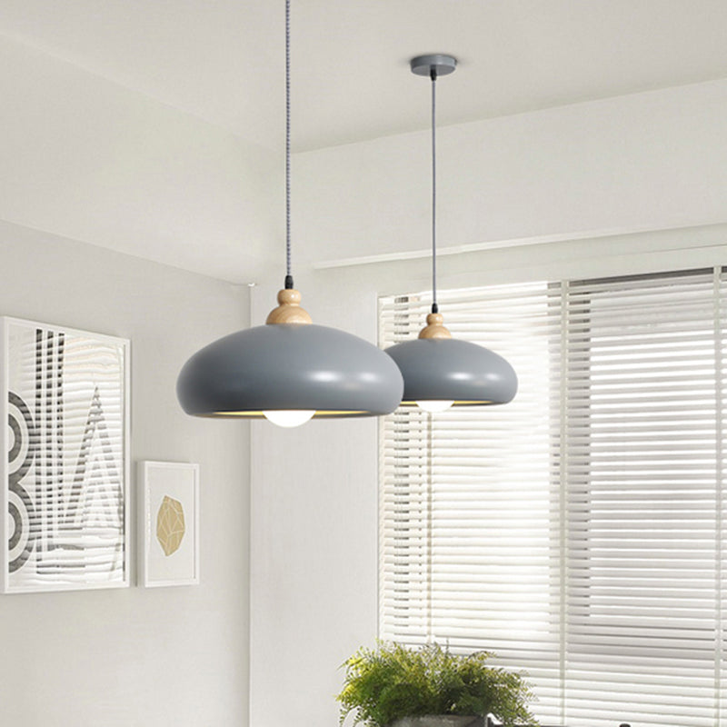 Stylish Macaron Bowl Pendant Light: Metal Hanging Fixture, Single Bulb, Wooden Cap (Grey/Pink/Green)
