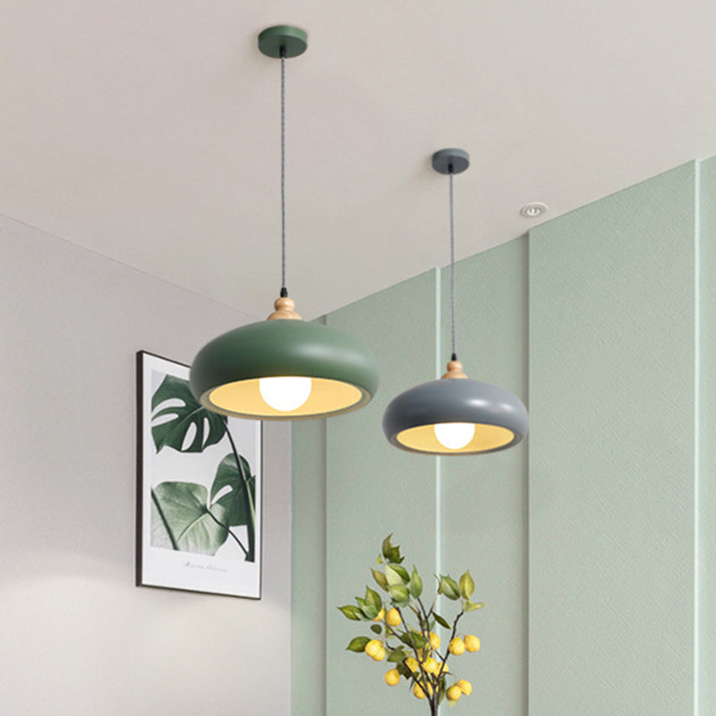 Stylish Macaron Pendant Light With Wooden Cap - Metal Fixture 1 Bulb Grey/Pink/Green