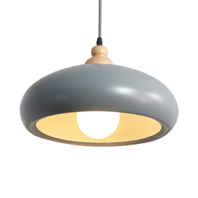 Stylish Macaron Bowl Pendant Light: Metal Hanging Fixture, Single Bulb, Wooden Cap (Grey/Pink/Green)