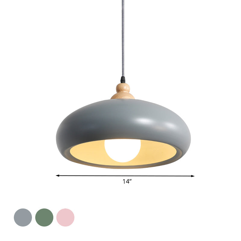 Stylish Macaron Bowl Pendant Light: Metal Hanging Fixture, Single Bulb, Wooden Cap (Grey/Pink/Green)