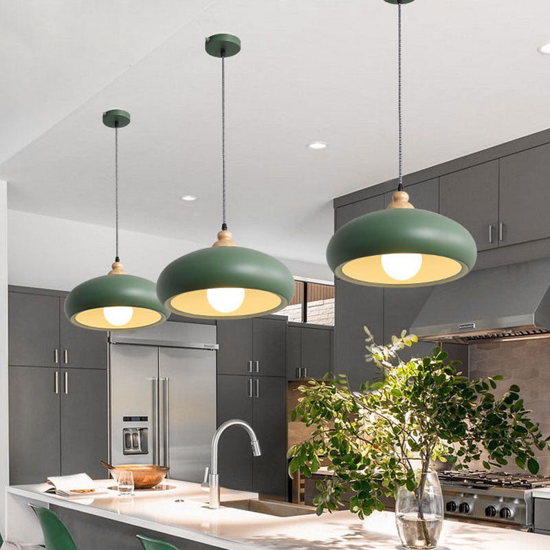 Stylish Macaron Pendant Light With Wooden Cap - Metal Fixture 1 Bulb Grey/Pink/Green
