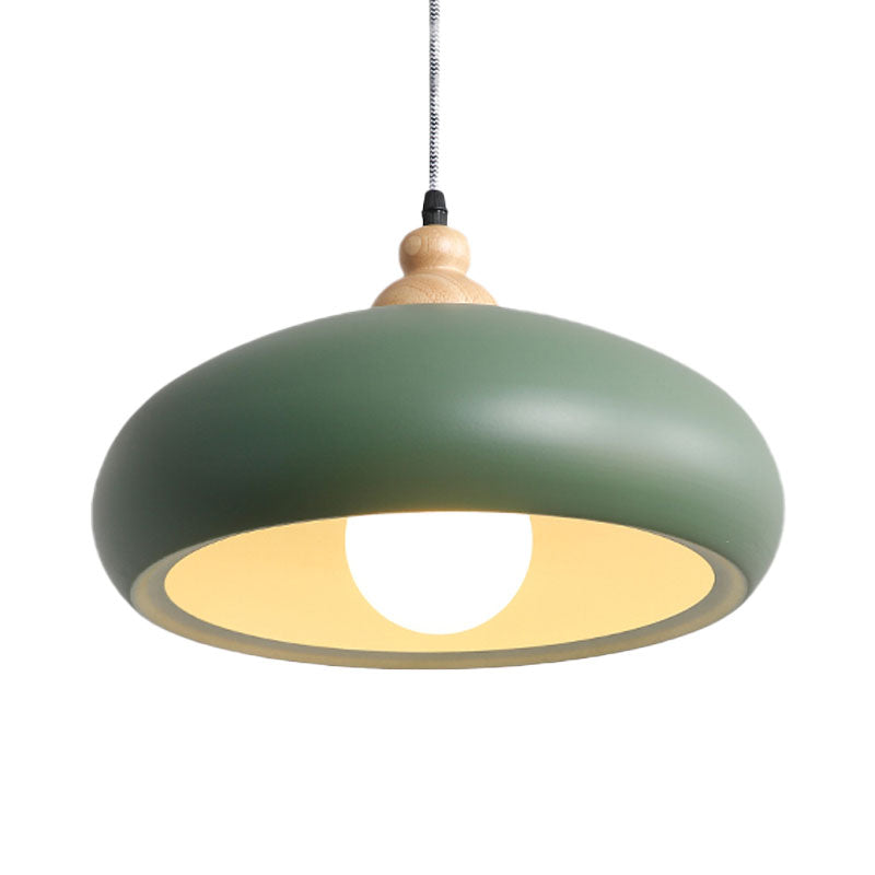 Stylish Macaron Bowl Pendant Light: Metal Hanging Fixture, Single Bulb, Wooden Cap (Grey/Pink/Green)