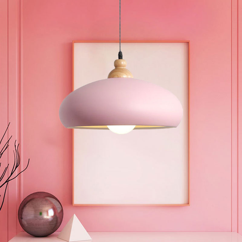 Stylish Macaron Bowl Pendant Light: Metal Hanging Fixture, Single Bulb, Wooden Cap (Grey/Pink/Green)