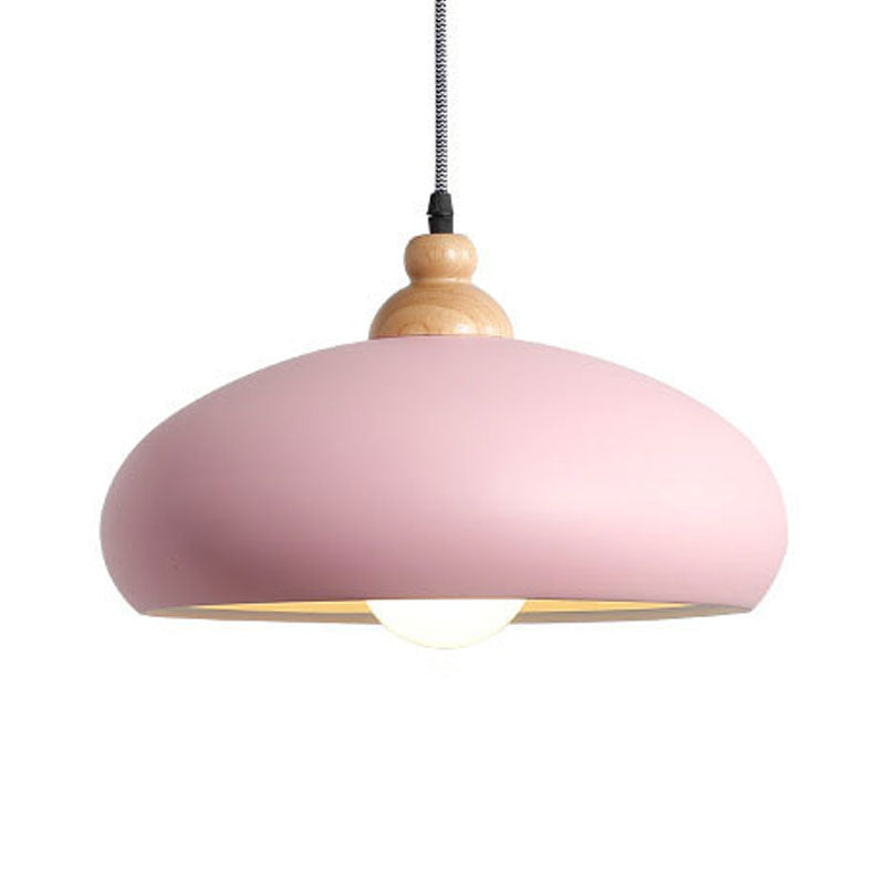 Stylish Macaron Bowl Pendant Light: Metal Hanging Fixture, Single Bulb, Wooden Cap (Grey/Pink/Green)