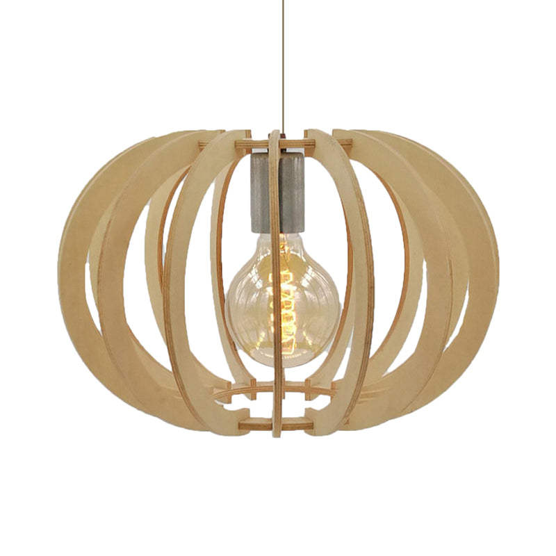 Modern Round Drum Pendant Light Fixture - Wood & Beige Restaurant Hanging Lamp