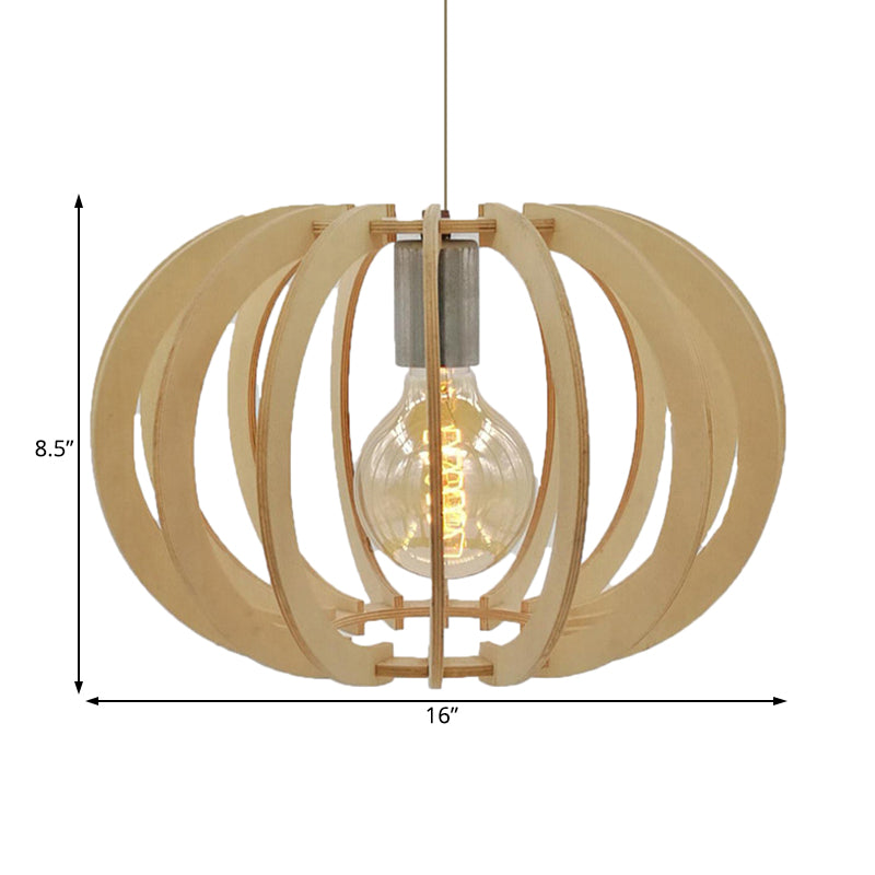 Modern Round Drum Pendant Light Fixture - Wood & Beige Restaurant Hanging Lamp