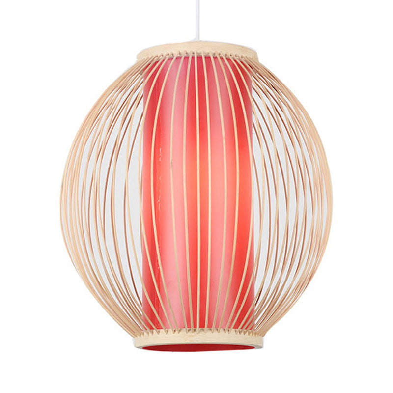 Luminaire suspendu en bambou avec suspension de style chinois - Lampe de cuisine Global à 1 lumière, abat-jour cylindrique rouge intérieur