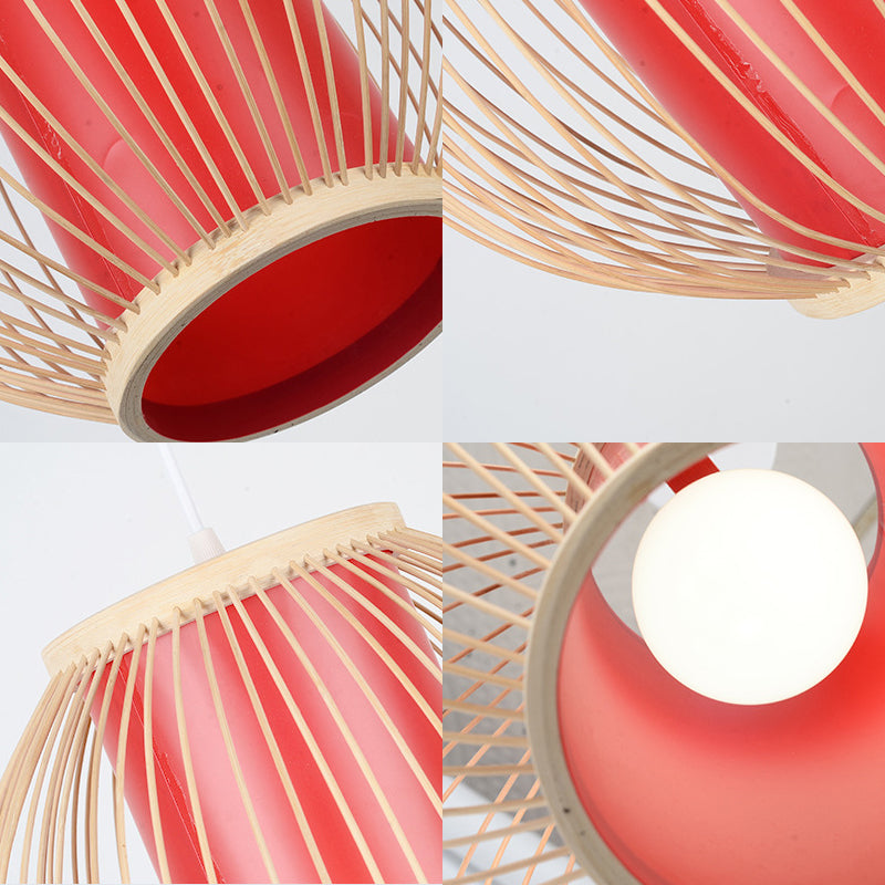 Bamboo Chinese-Style Hanging Lamp With Inner Red Cylinder Shade