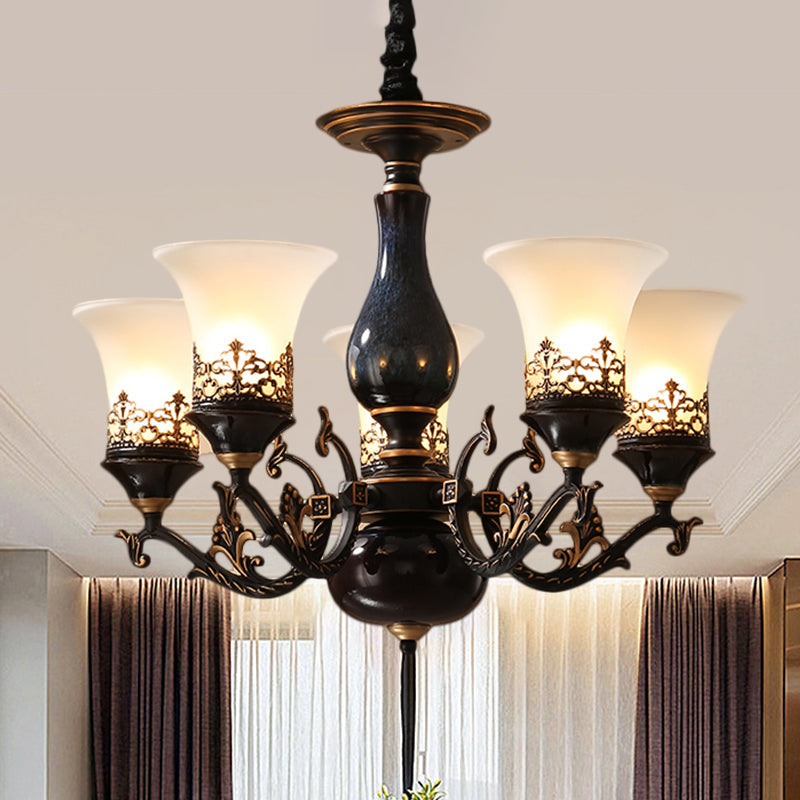 Black Bell Shaped Ceiling Suspension Lamp With Frosted Glass And Multiple Heads - Countryside