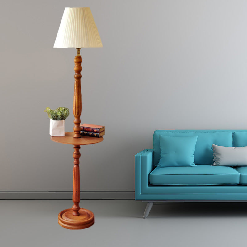 Traditional Style Wood Brown Floor Lamp With Baluster Design & Conical Fabric Shade