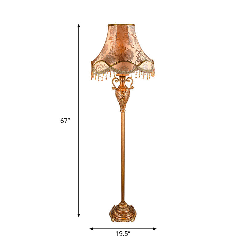 Rural Style Gold Floor Lamp With Cascading Design - 1-Bulb Tapered Shade Fabric Light