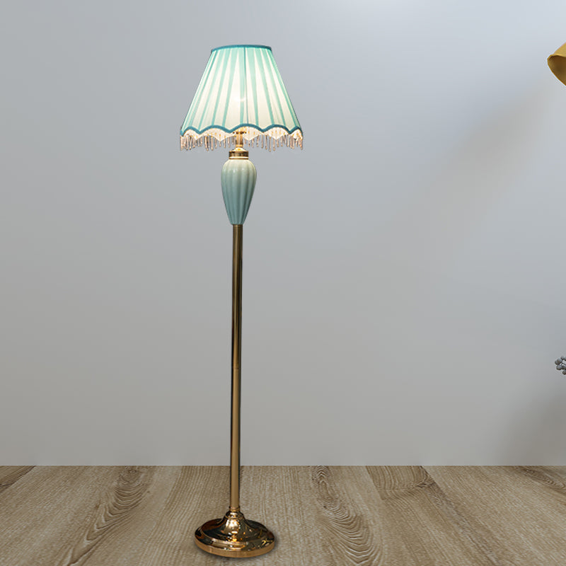 Porcelain Blue/Red Task Floor Lamp - Traditional Urn-Shaped Standing With Fabric Shade