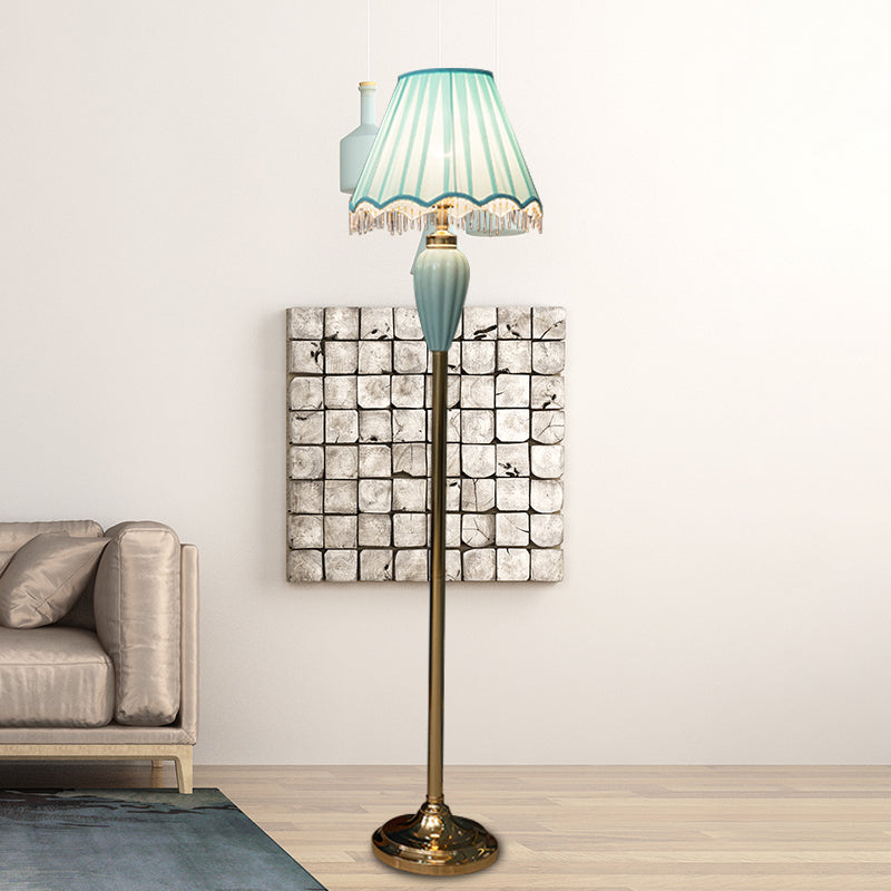 Porcelain Blue/Red Task Floor Lamp - Traditional Urn-Shaped Standing With Fabric Shade