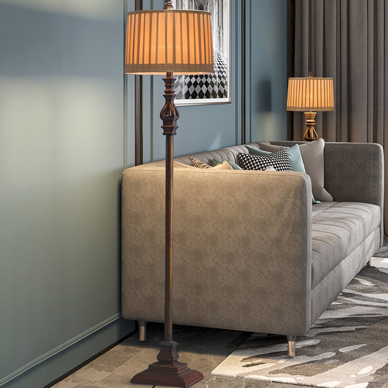 Retro Square Pedestal Floor Lamp: 1-Light Resin Light In Brown With Pleated Fabric Shade